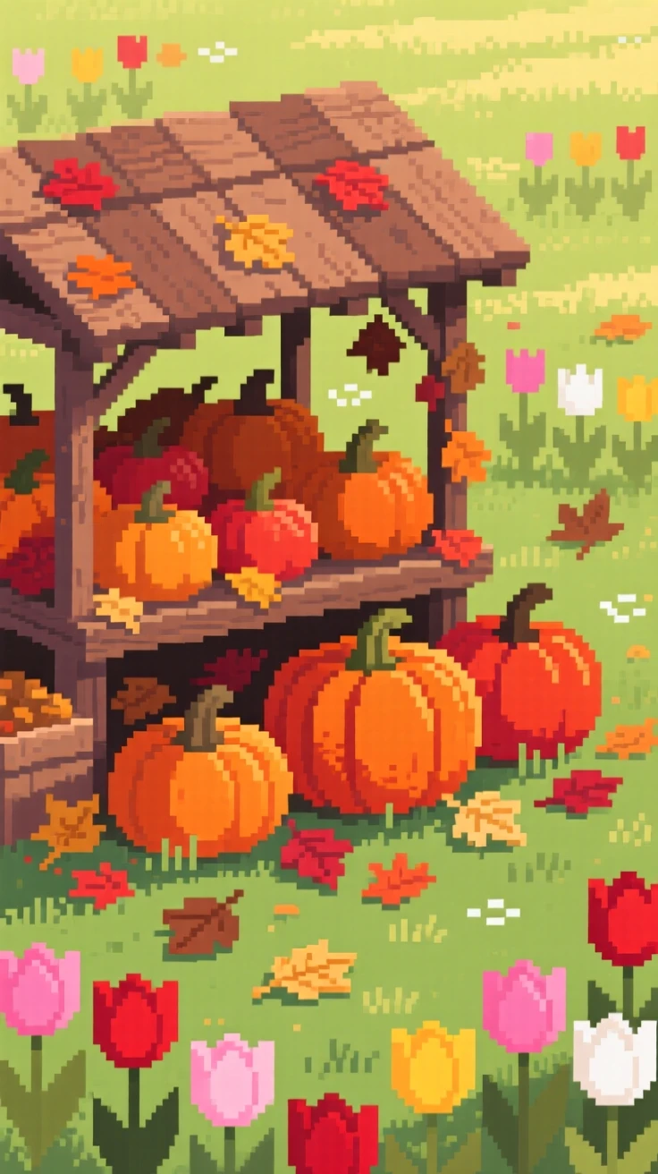 A market stall selling autumn pumpkins piled high with autumn leaves, in a sunlit spring meadow full of tulips.