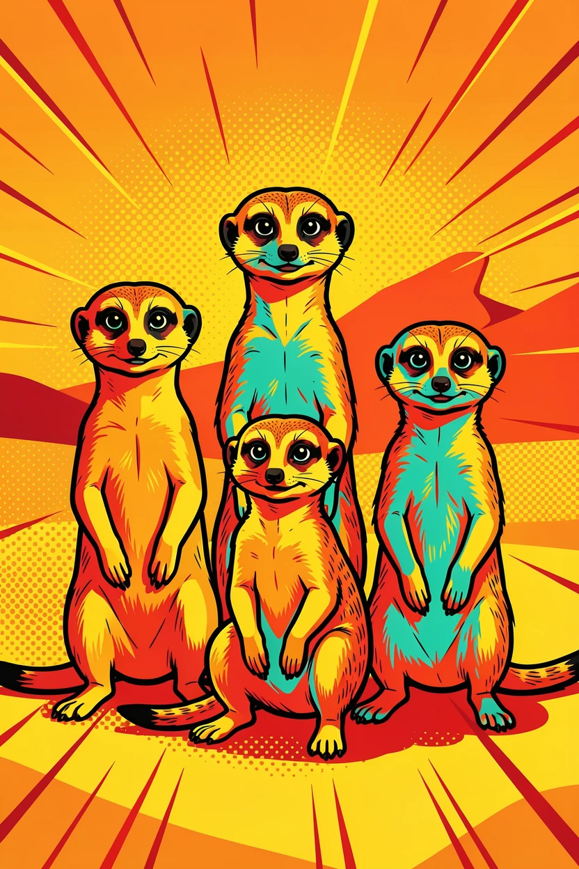 A family of meerkats standing alert in the desert sun