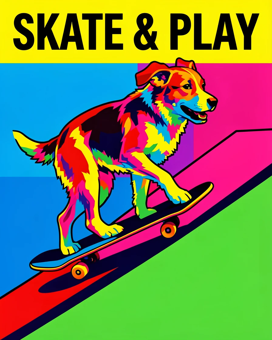 Dog riding a skateboard down a ramp