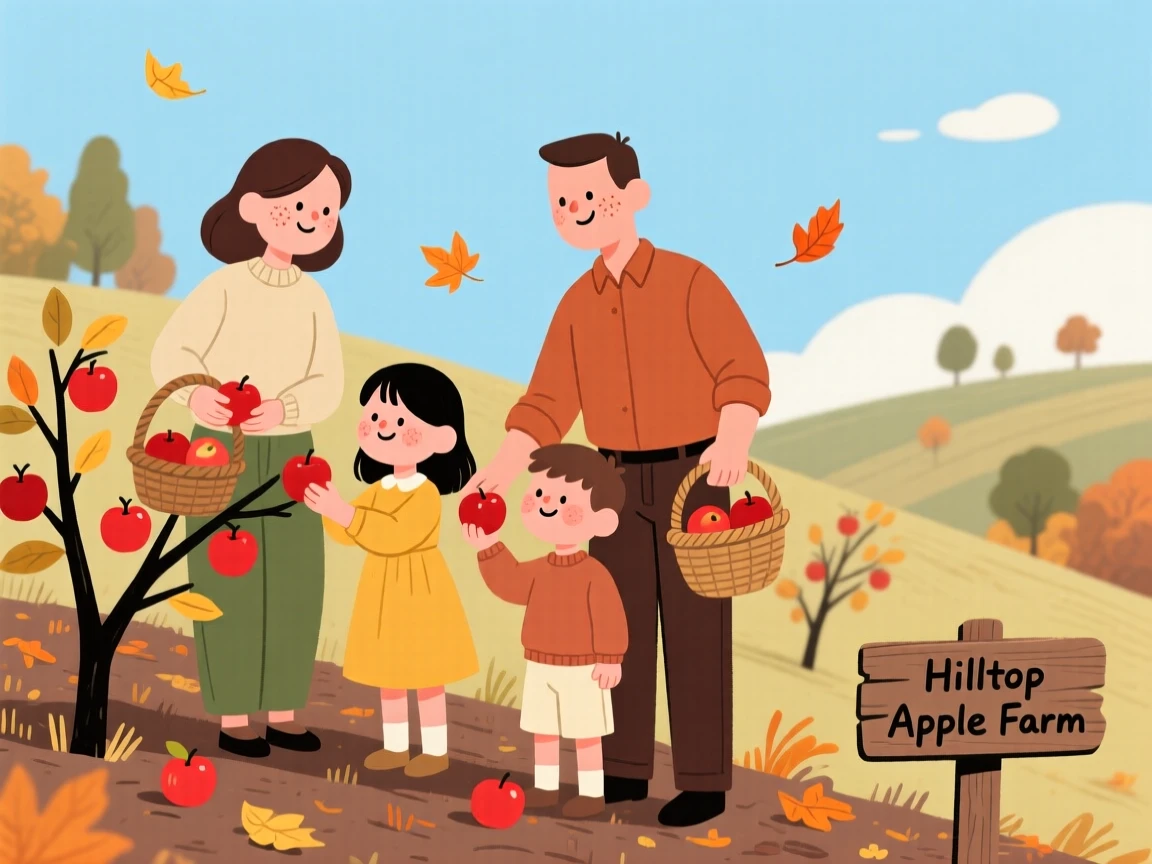 A family gathers apples in a hillside farm as the first falling leaves drift down around them under a crisp blue sky.