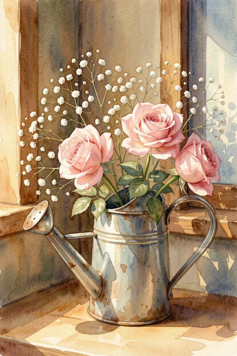 A spray of baby's breath and pink roses in the corner of a cozy study next to an antique watering can.