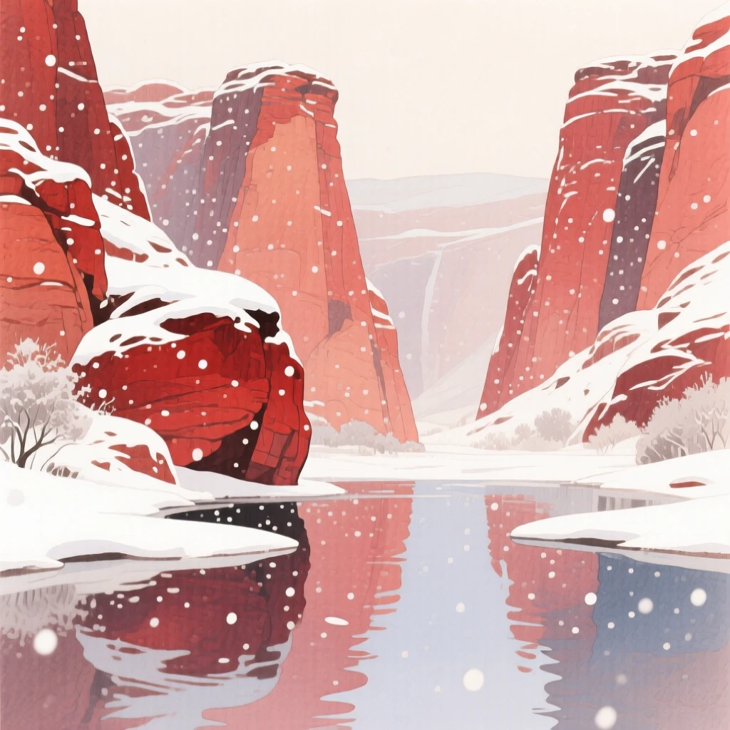 A breathtaking view of a canyon of red rock during a gentle snowfall, with reflections shimmering across still water