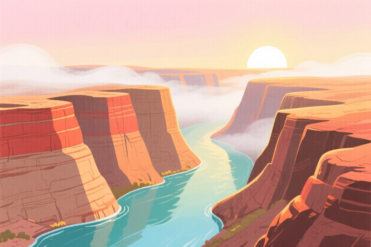 A canyon carved by an ancient river bathed in warm light under a soft blanket of fog.