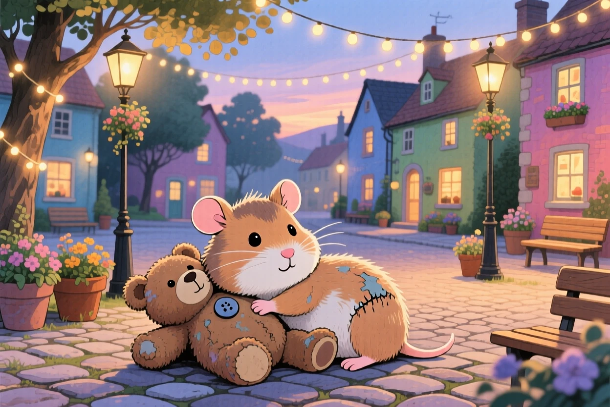 A tiny hamster resting its head on a favorite worn-out teddy bear, set in a village square decorated with fairy lights, capturing a fleeting moment of quiet contentment.