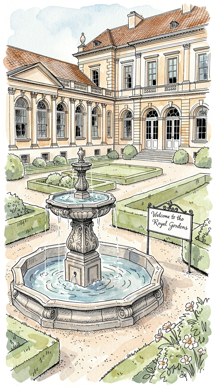 A grand palace courtyard with fountains and manicured gardens, the scene rich with texture and quiet character.