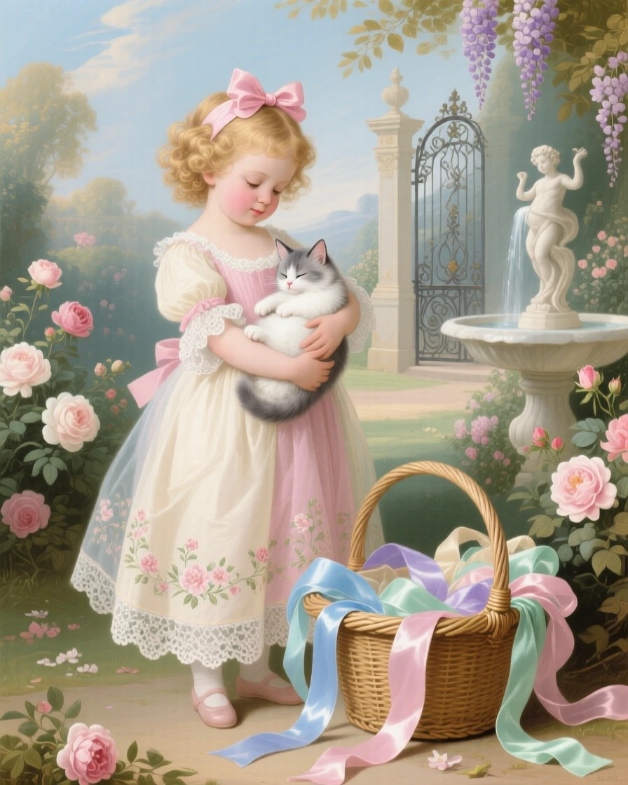 A little girl holding a sleeping kitten beside a basket of ribbons  