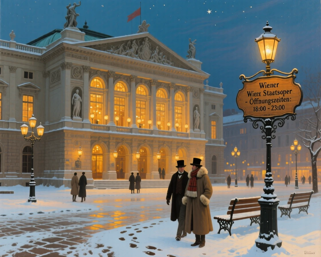 A grand Viennese opera house glowing with warm light on a winter evening, with warm lantern or window light glowing throughout the scene, offering a striking, postcard-worthy view of an iconic destination
