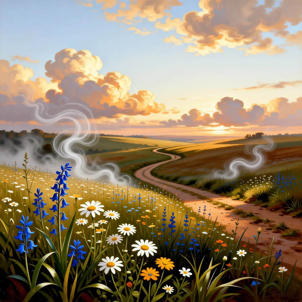A rolling meadow dotted with wildflowers beneath a sky full of clouds glowing under the last light of a fading afternoon, set within reach of a winding country path, with mist curling low along the ground in the cool morning air; foreground detail frames a sweeping, luminous background, evoking peace, wonder, and quiet renewal.