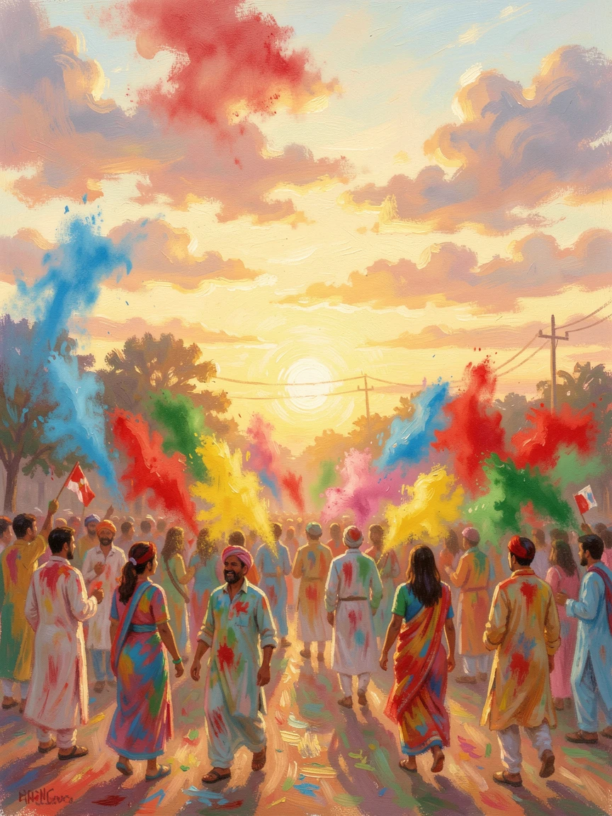 A colorful Holi festival celebration in India, clouds of vibrant powder filling the air above joyful crowds, at golden sunrise.