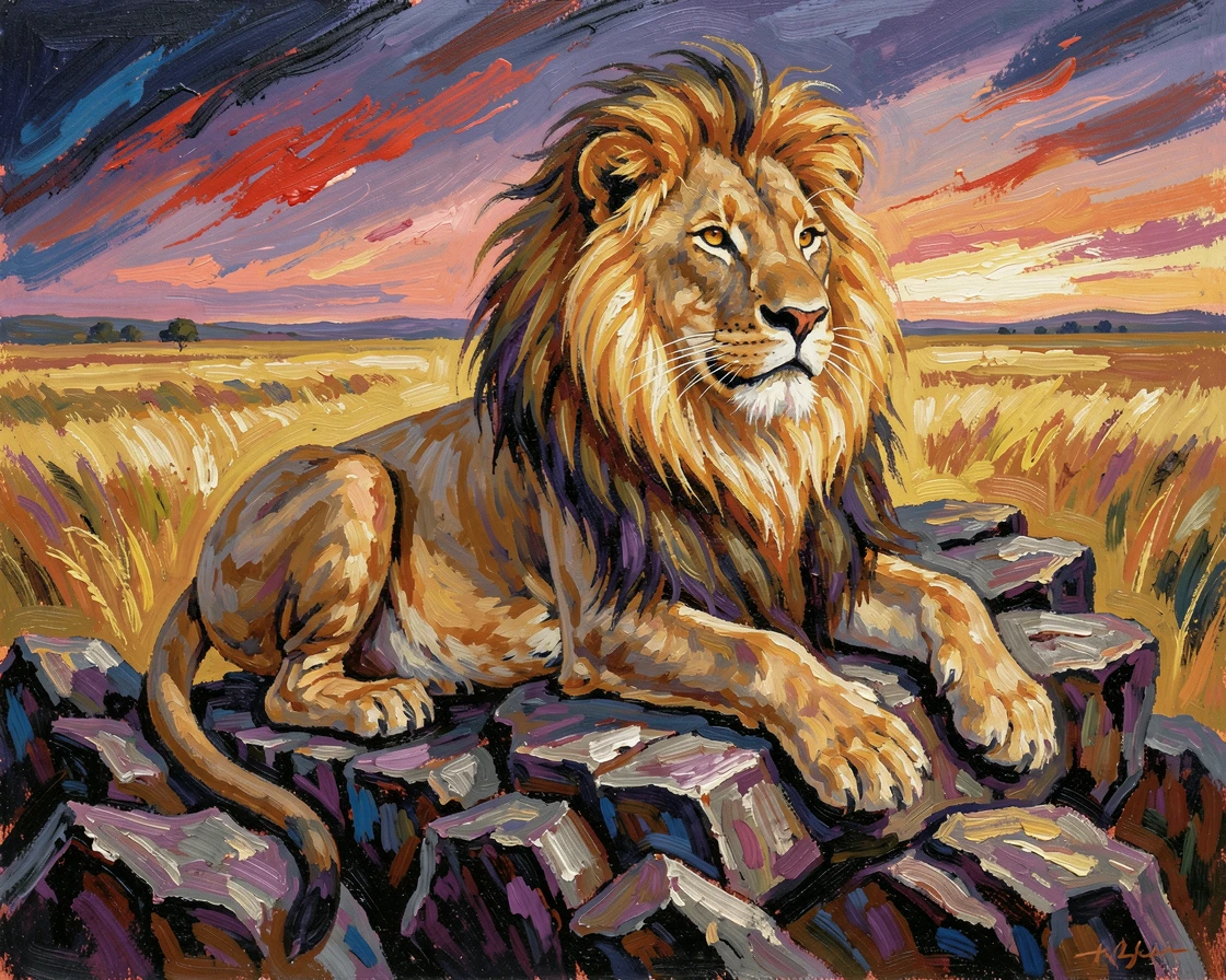 A majestic lion resting atop a rocky outcrop, surveying the golden savanna at dusk.