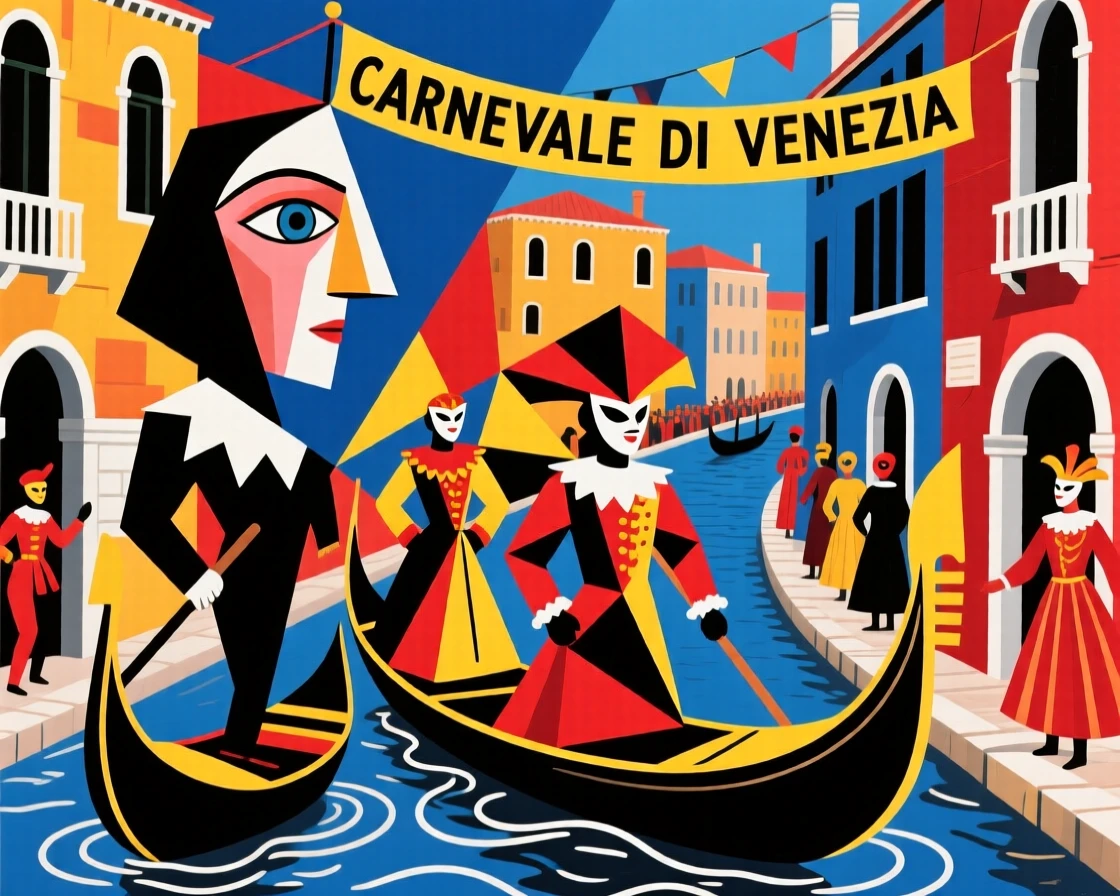 A vibrant carnival parade winding through the streets of Venice in ornate costumes.
