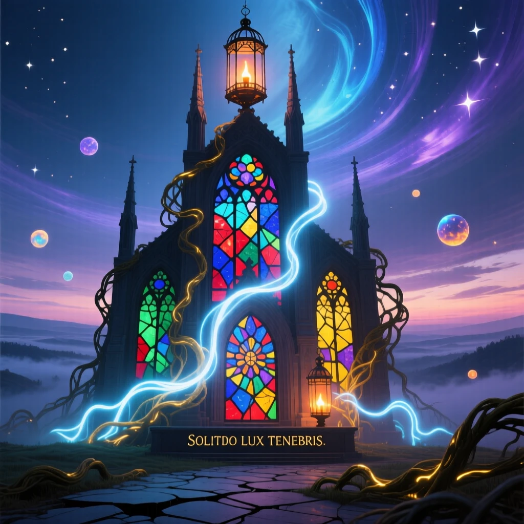 A cathedral built entirely of stained glass is slowly swallowed by climbing vines of light, and a single lantern burns at its highest point.