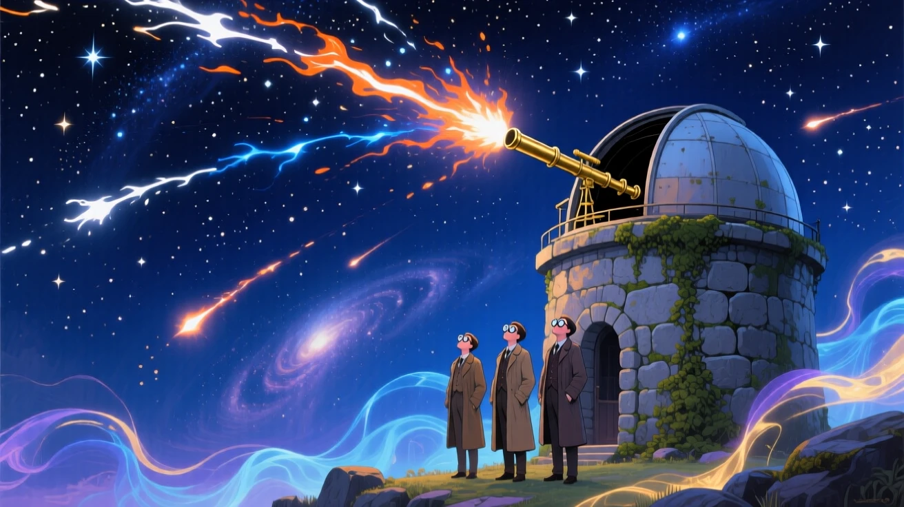 A meteor shower streaks brilliantly across a star-filled sky above an ancient stone observatory, astronomers watching in silent wonder, faint traces of light or energy drifting through the air to heighten the sense of magic.