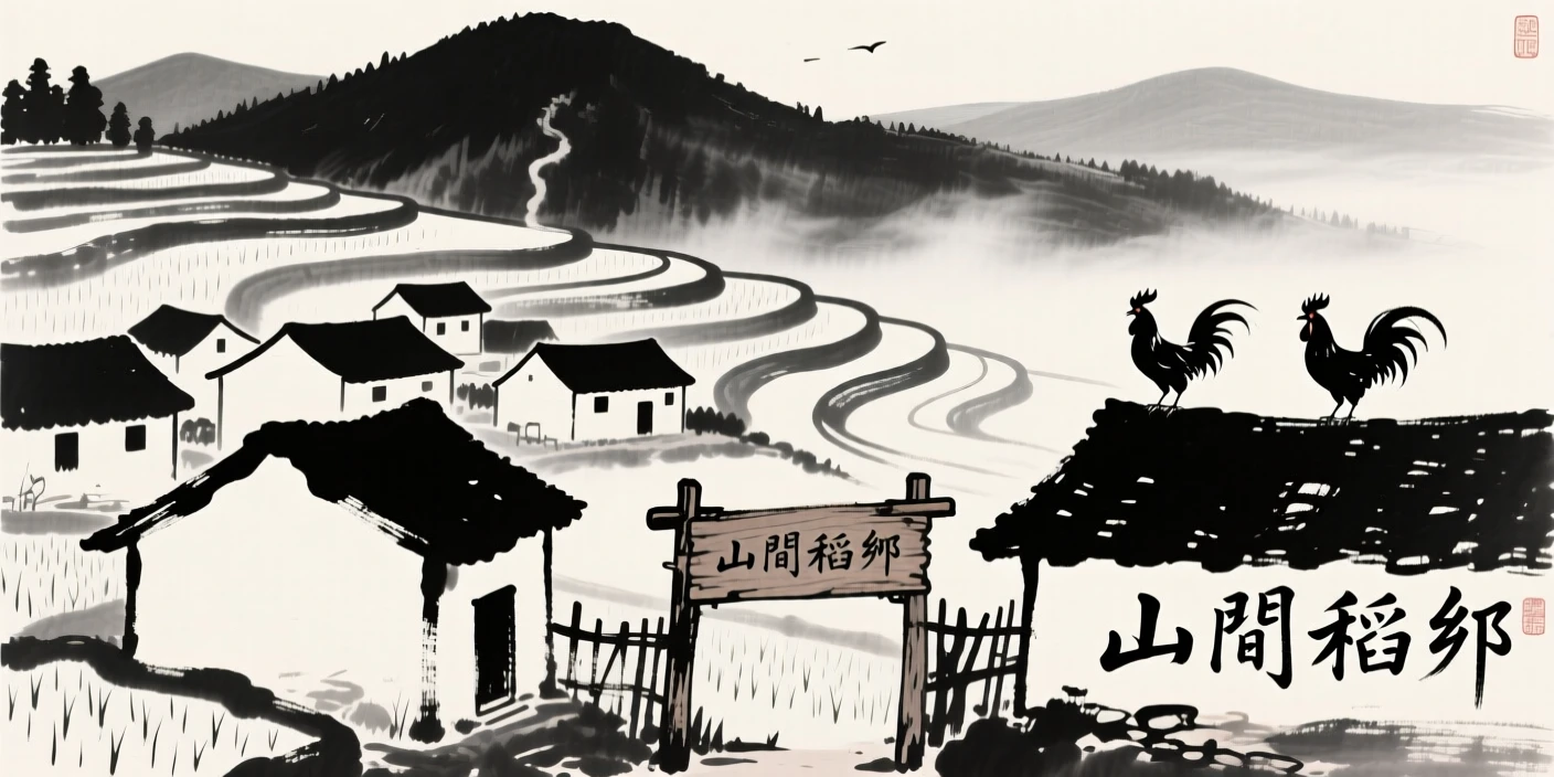A small mountain village nestles among terraced rice fields, as roosters call from nearby rooftops.