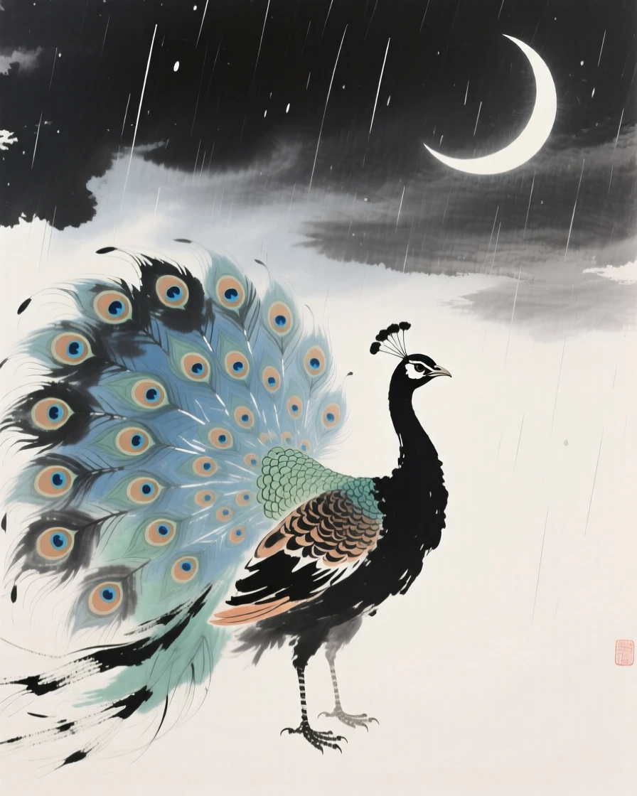 A proud peacock displaying its full tail of iridescent feathers, radiating gentle serenity, through a curtain of fine rain, beneath a crescent moon.