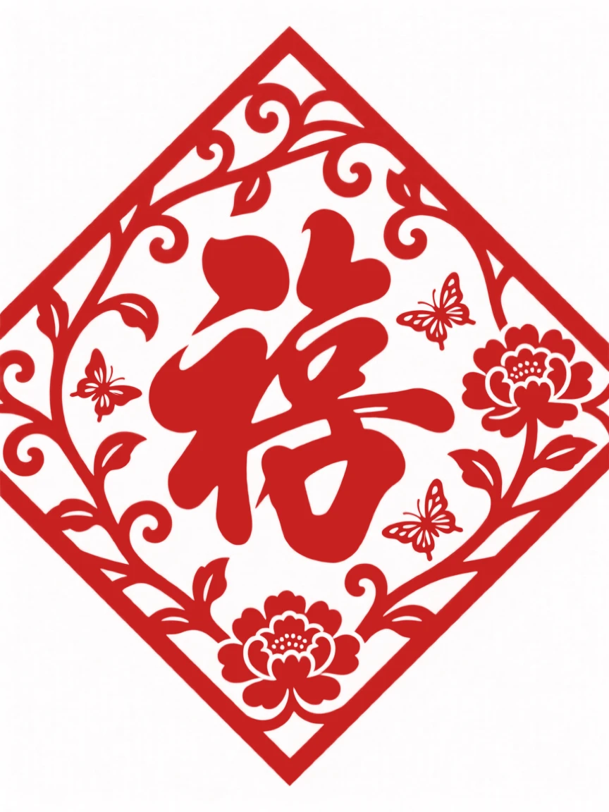A design of a diamond-shaped panel featuring scrolling vines framing a central shou character, rendered in perfectly balanced symmetry.