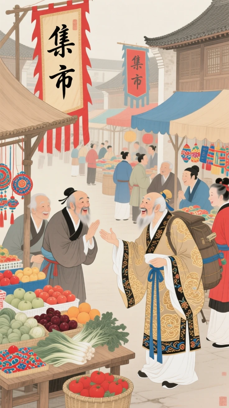 A traveling storyteller greeting old friends after years apart in a marketplace bustling with color and life