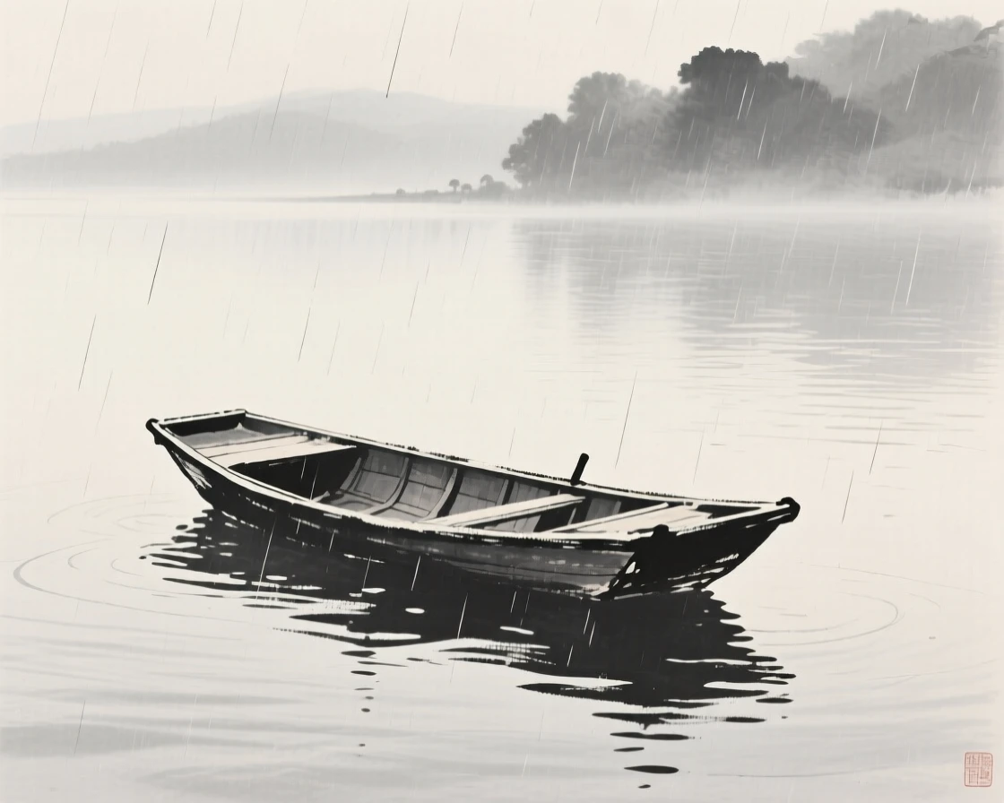 A single empty boat drifting on a still lake as gentle rain falls in the distance, framed with soft, diffused light throughout, conveying a poetic sense of calm and reflection.