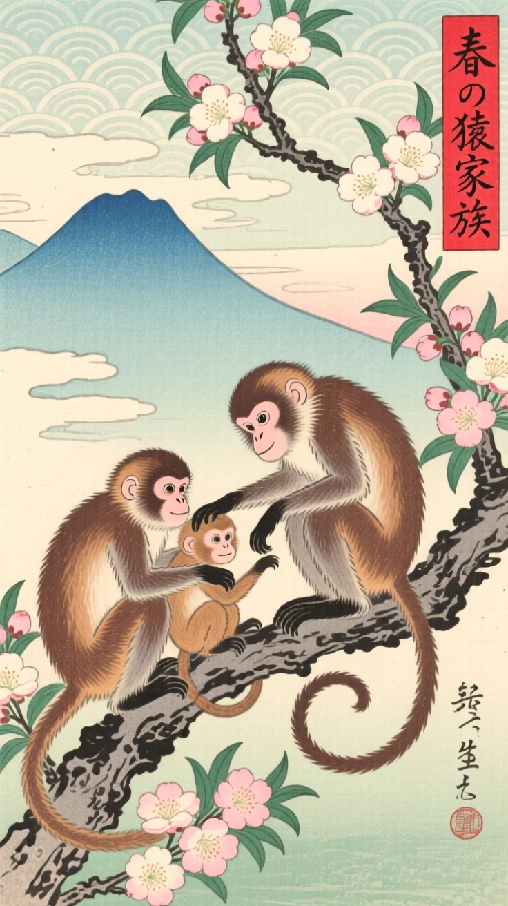 A monkey family gathered on a blossoming plum branch.