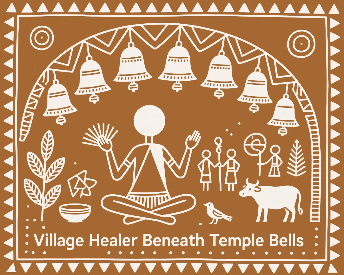 A village healer beneath a canopy of temple bells.