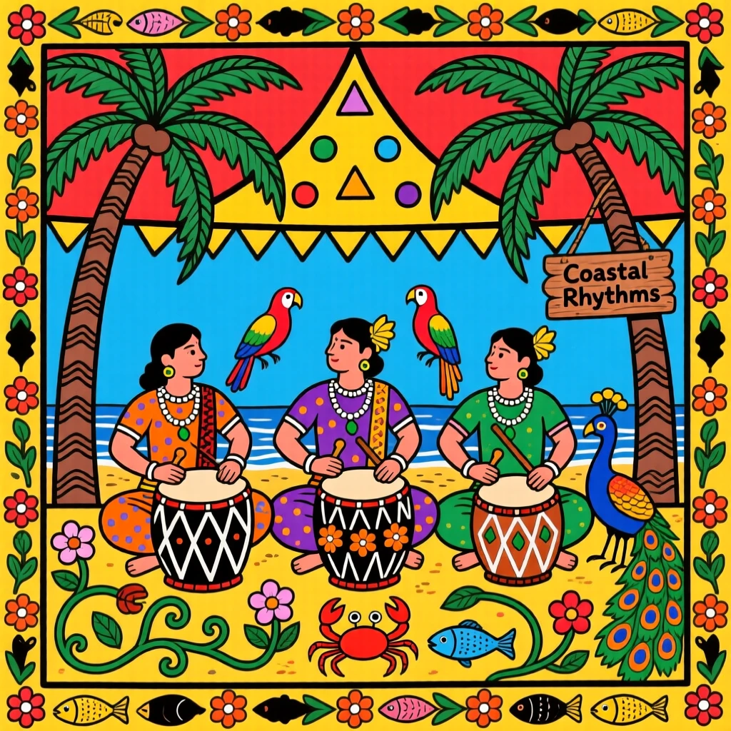 Drummers from a coastal village performing beneath a canopy of palms.