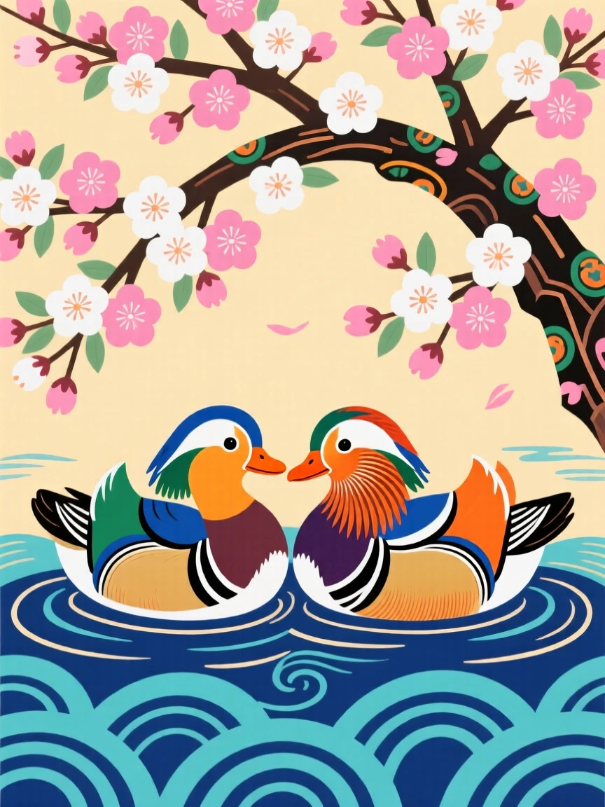 A pair of mandarin ducks swimming together beneath a blossoming tree, symbolizing devoted love.