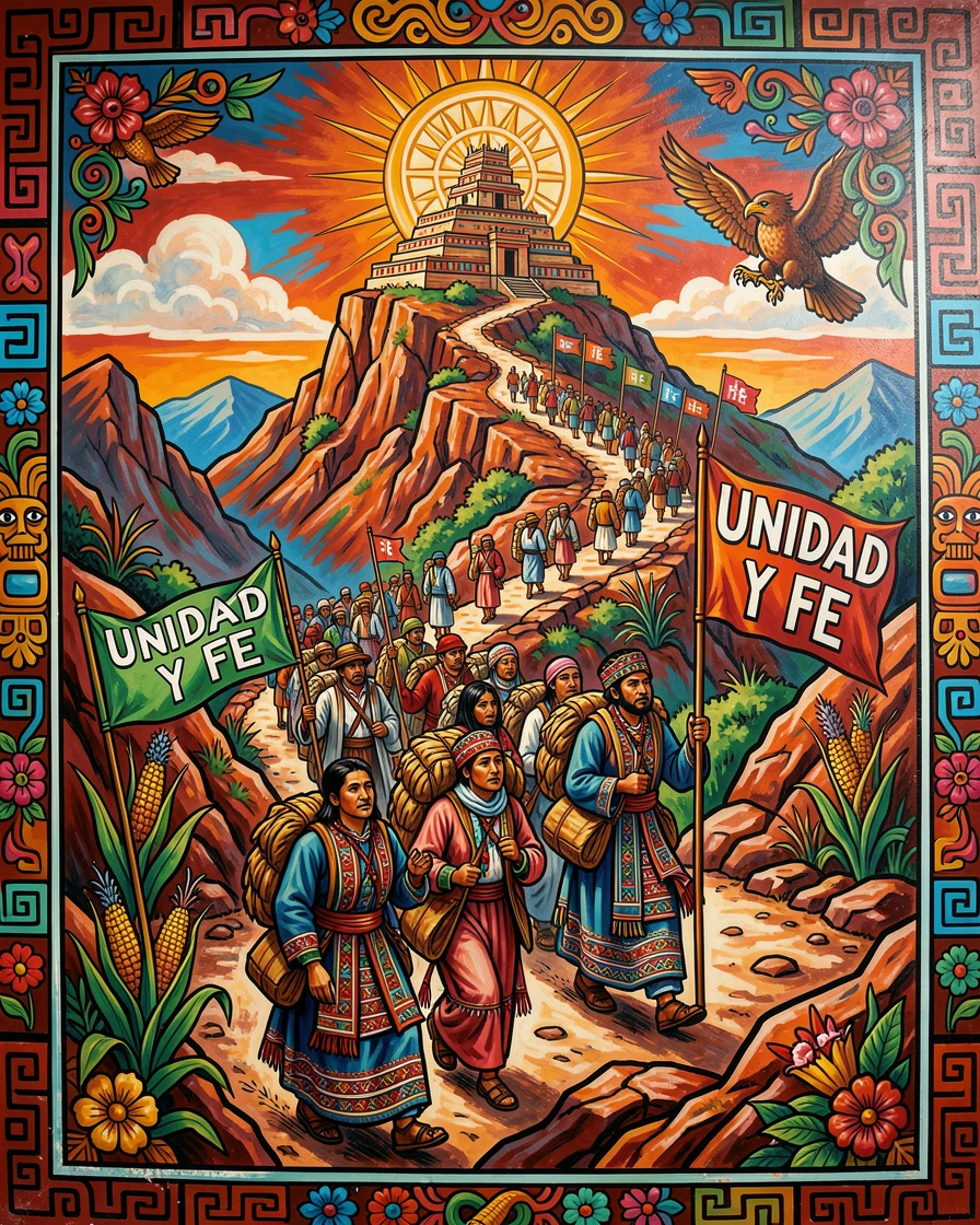 A group of pilgrims crossing a mountain pass toward a distant temple