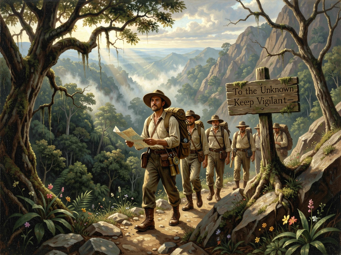 An expedition team climbs toward a dense, uncharted rainforest after weeks of difficult travel.