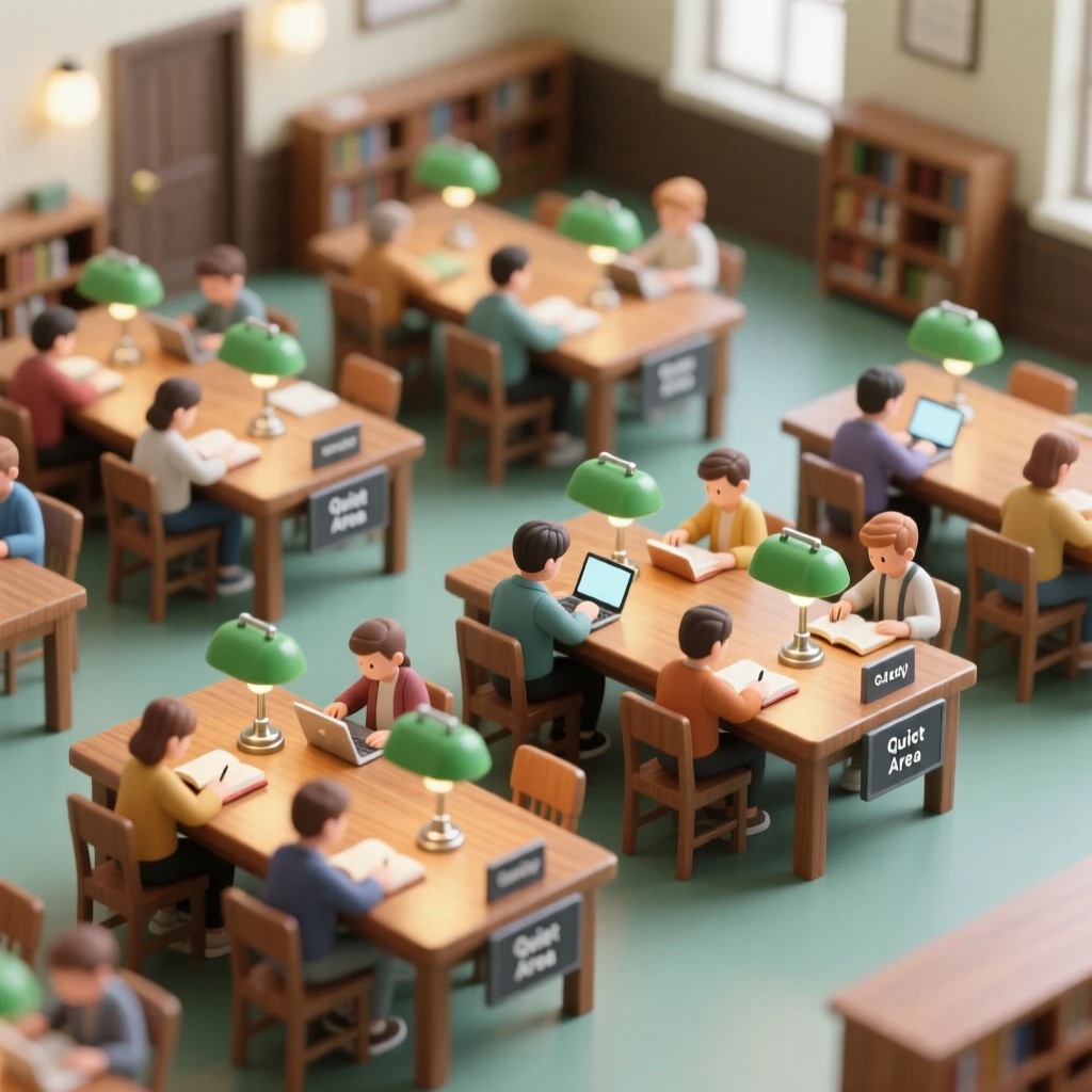 A bustling public library reading room with green banker's lamps glowing, students studying quietly at long wooden tables.