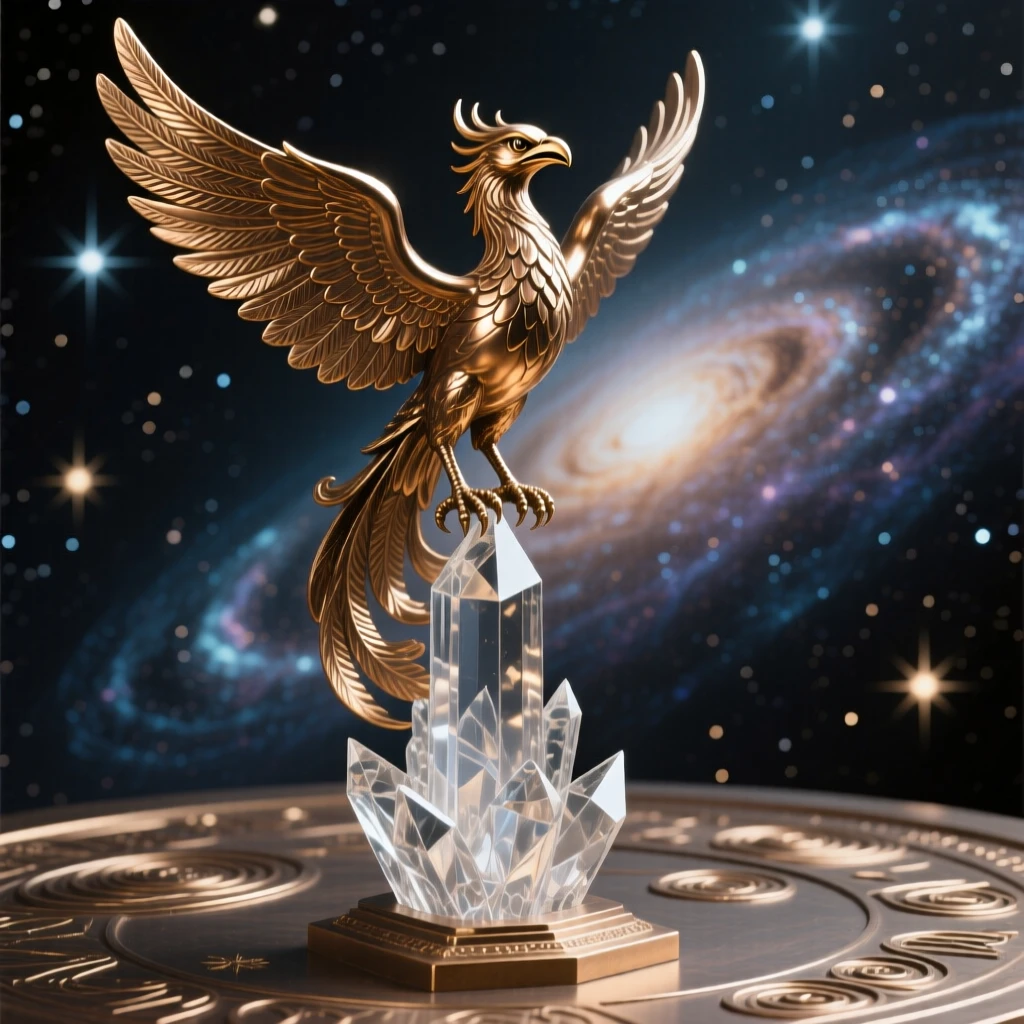 A legendary firebird nesting atop a crystal spire, set against a vast celestial backdrop, radiating awe and grandeur