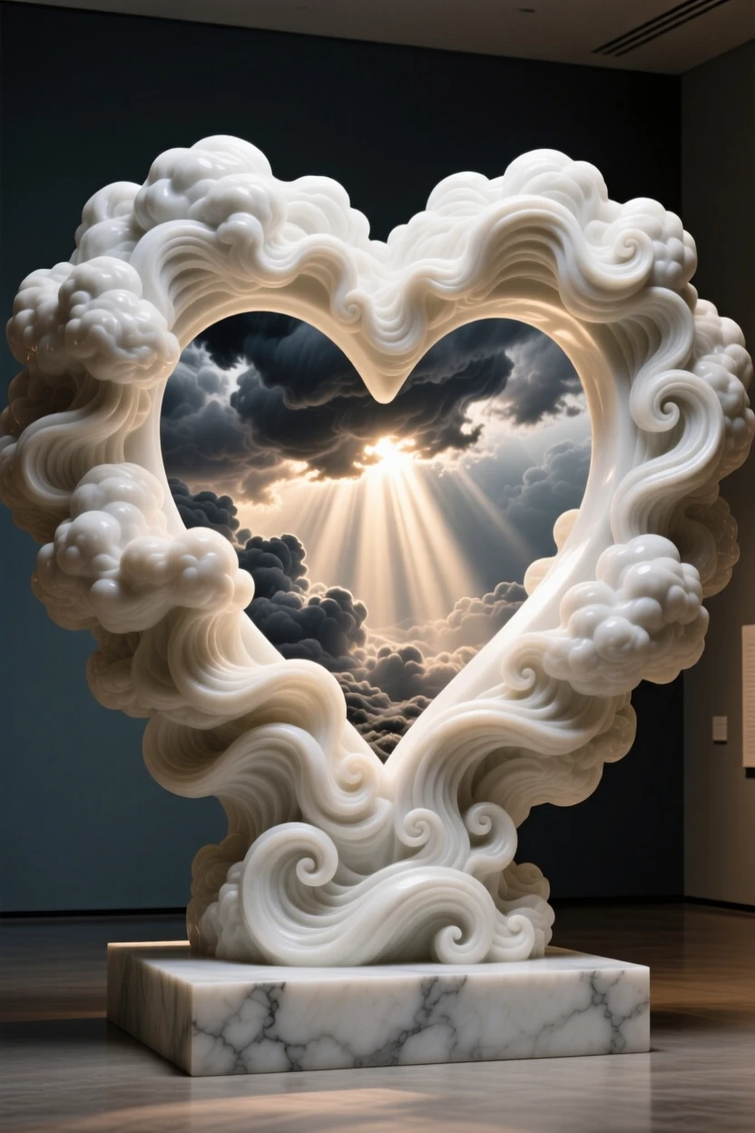 A striking, imaginative composition featuring a heart-shaped opening in storm clouds revealing sunlight, blending realism with dreamlike wonder