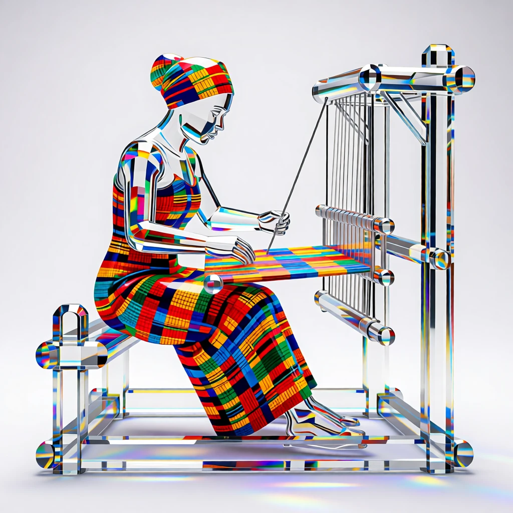 A vibrant Ghanaian kente cloth weaver working at a traditional loom.