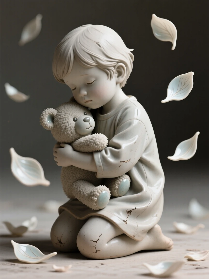A child hugging a beloved stuffed animal kneeling with quiet, contemplative stillness, surrounded by softly falling petals, radiating grace, strength, and inner peace.