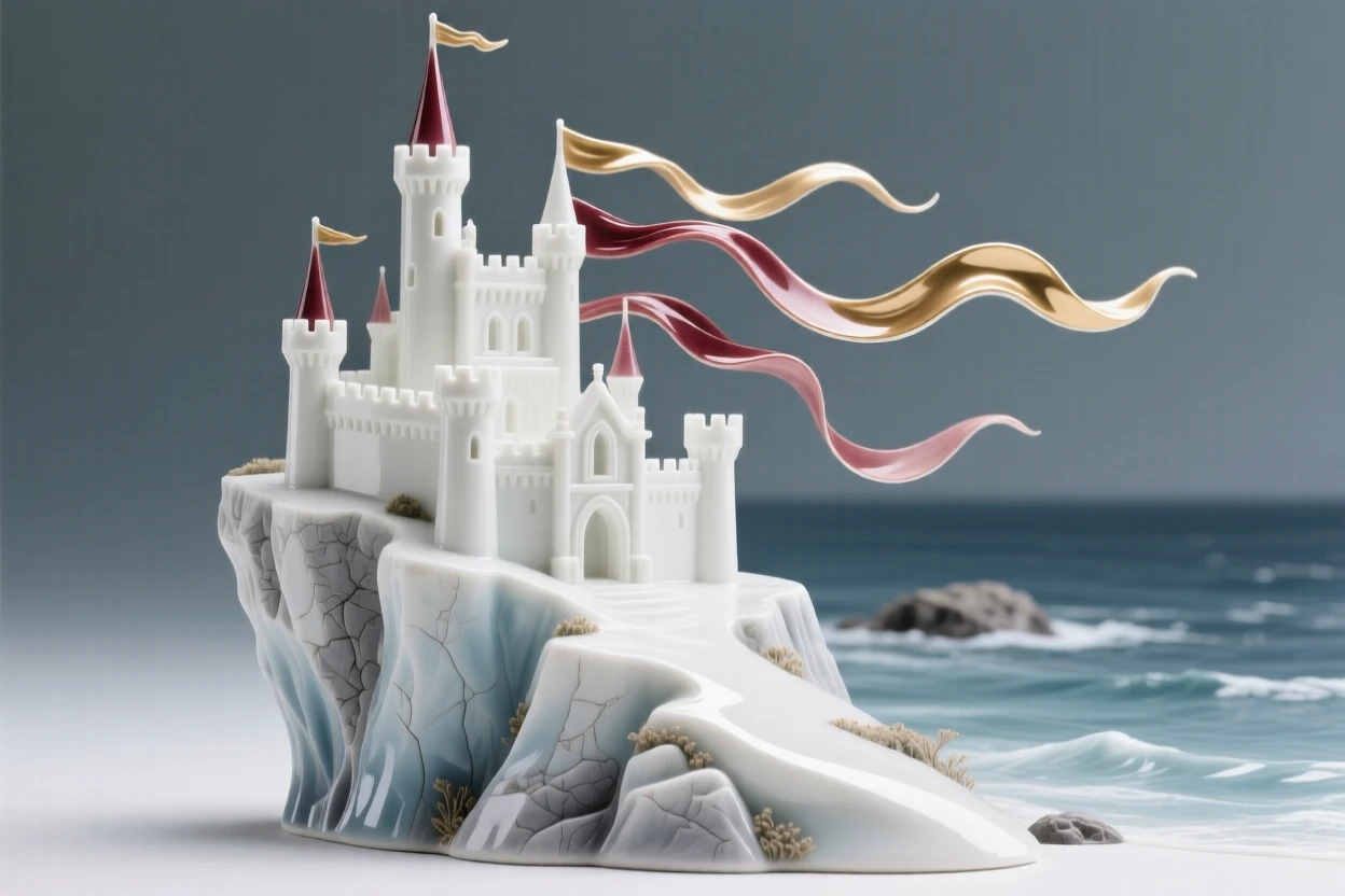 A cliffside castle perched on a dramatic sea cliff, banners fluttering from its highest spires.