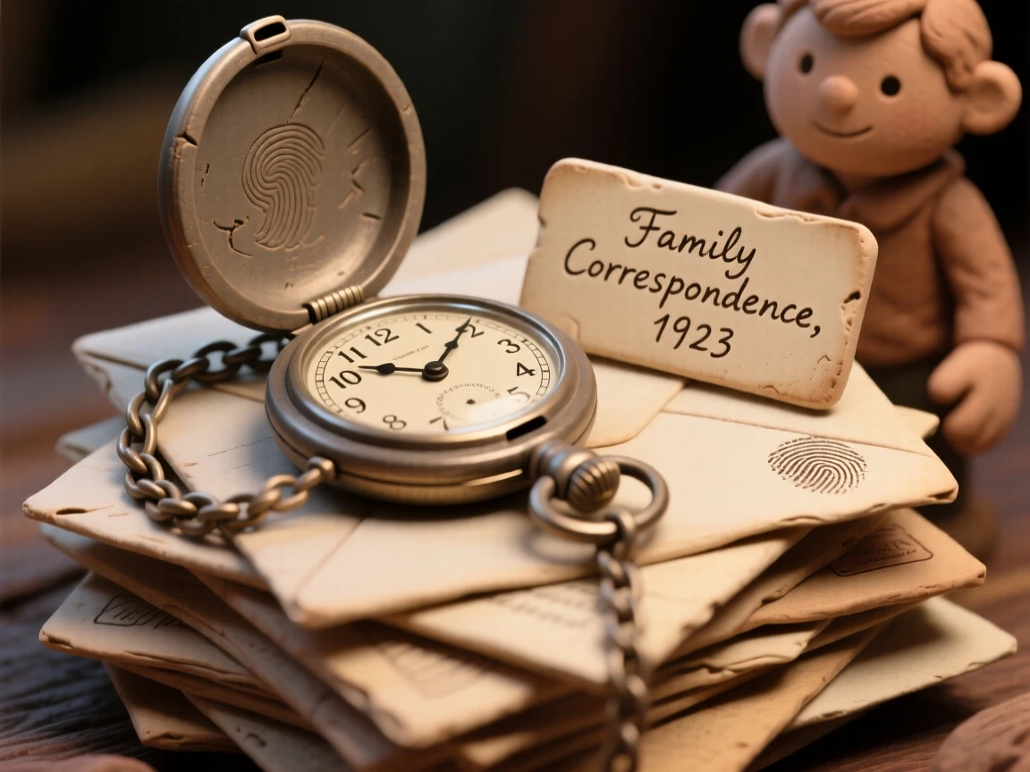 An antique pocket watch resting open atop a pile of old letters