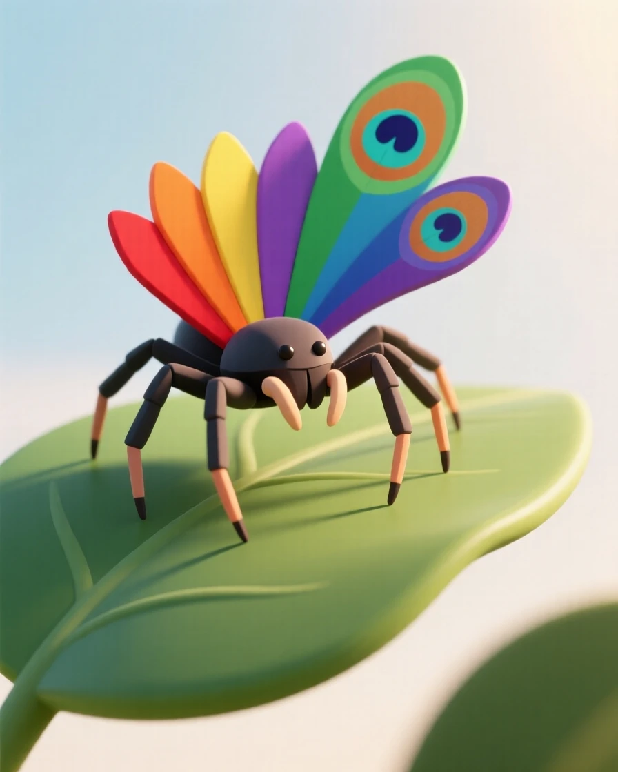 A proud peacock spider raises tiny rainbow-colored flaps mid-courtship dance on a sunlit garden leaf.