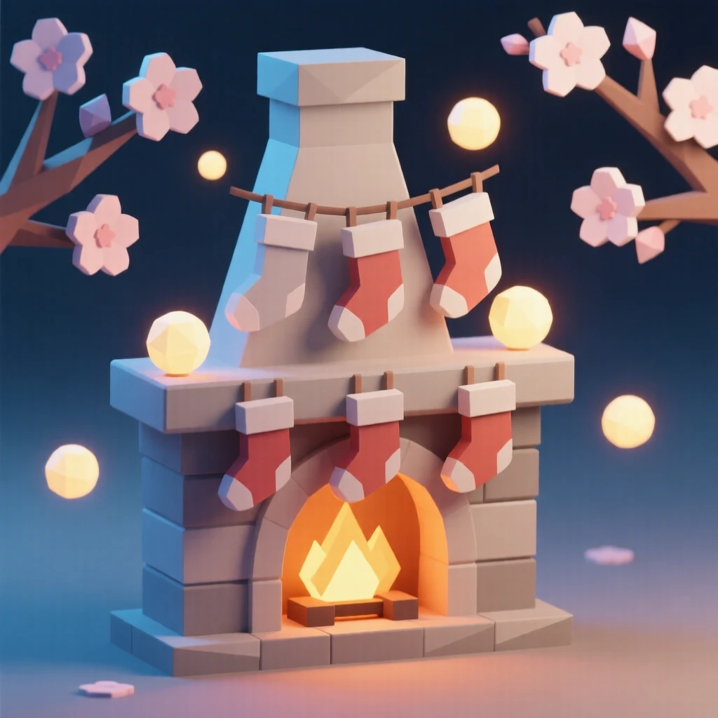 A cozy fireplace scene with stockings hung above, beneath blooming cherry blossoms. warm glowing lights create a festive ambiance. The moment feels magical and full of wonder.