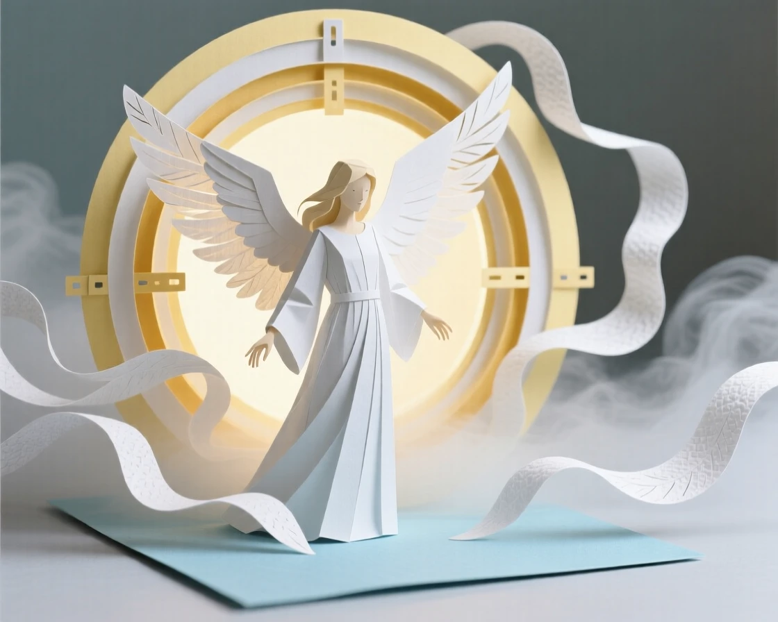 A winged messenger angel emerging from a swirling portal of light, with swirling mist wrapping around the scene, evoking otherworldly beauty.