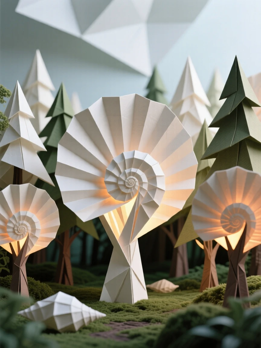 A hidden garden where the trees are shaped like giant seashells, glowing softly within.