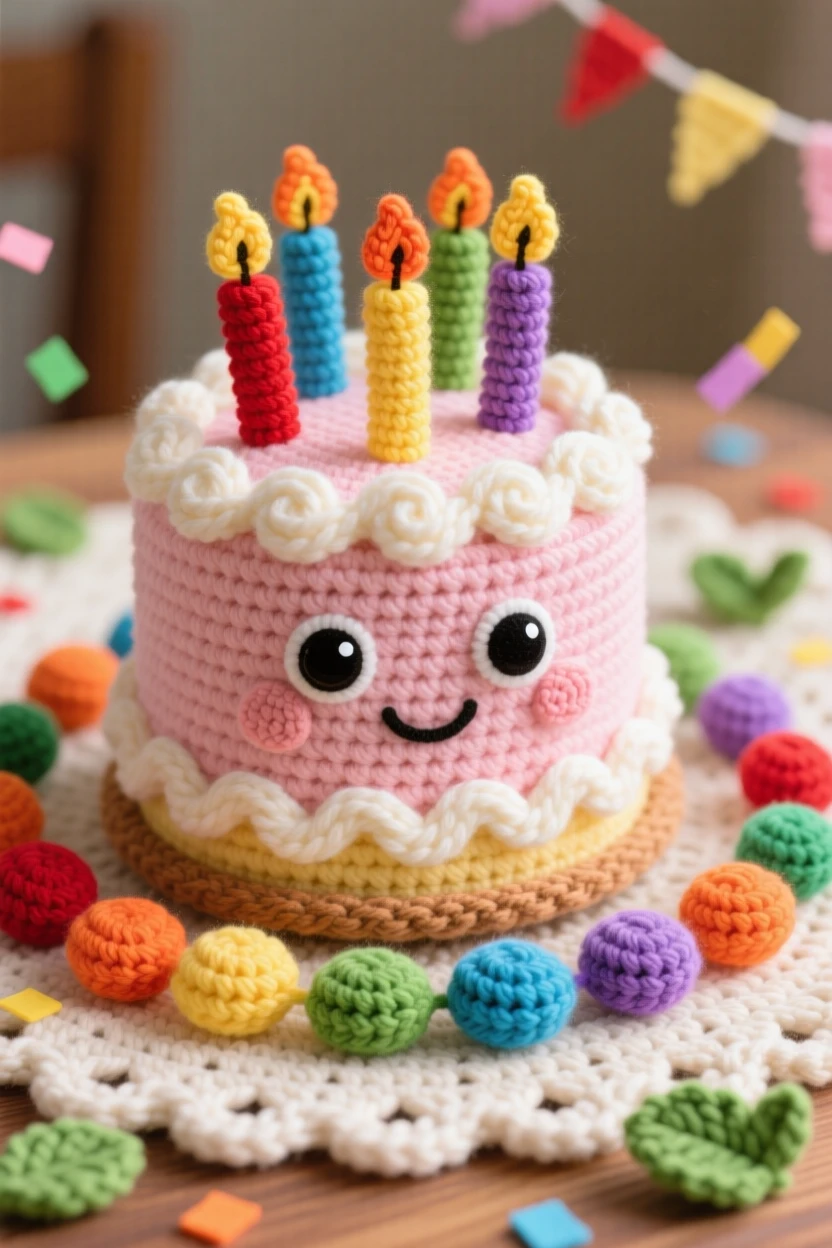 a cheerful birthday cake character, with colorful candles and frosting swirls, is shown surrounded by a ring of confetti on a festive holiday dessert table beside a scattering of fresh mint leaves, capturing a cozy sense of shared treats.