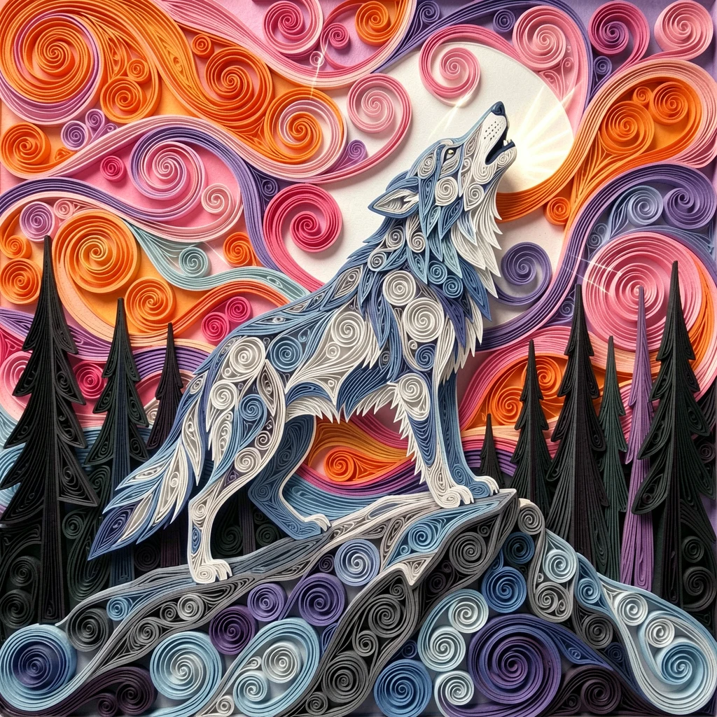 a wolf howling atop a moonlit ridge, beneath tall shadowy silhouettes in the distance, captured mid-action with dynamic movement, under a blazing orange and pink sunset sky.