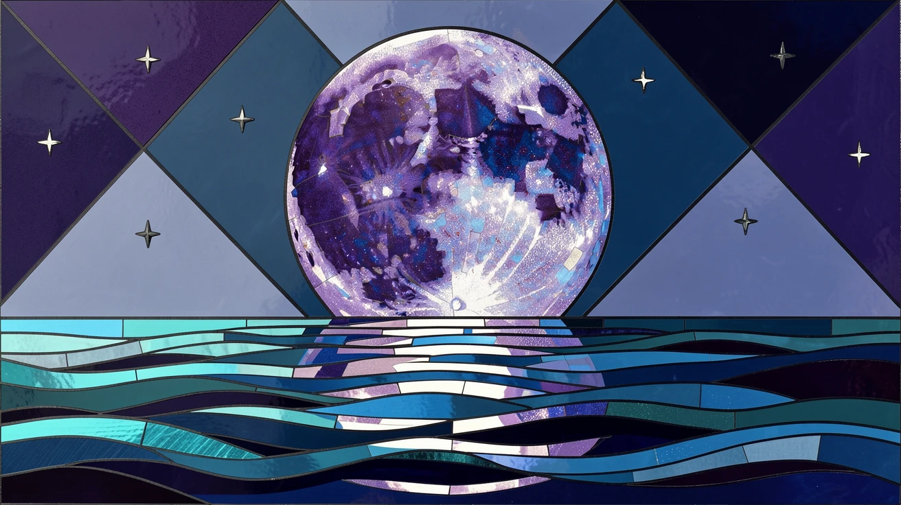 A dramatic close view of a full moon rising dramatically over a calm ocean horizon, glowing with rich cosmic color.