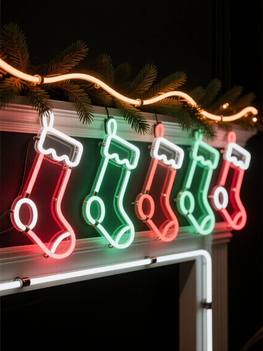 A row of stockings hung along a mantel decorated with pine garland.