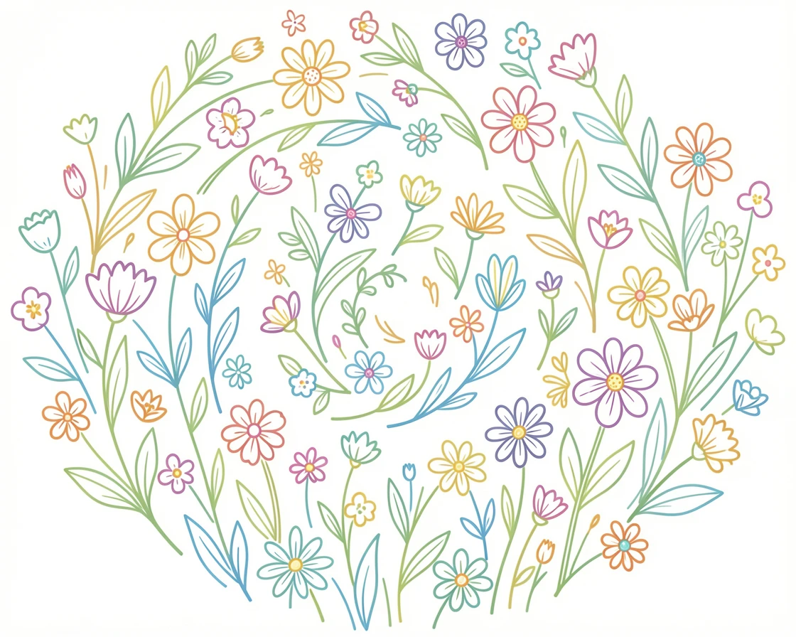 A wildflower field arranged to form a subtle spiral pattern.