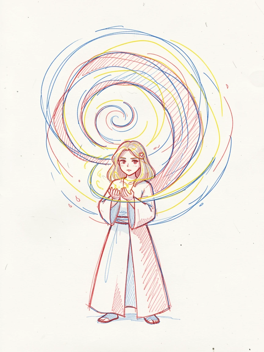 A young mage summoning a swirling elemental storm in her palms