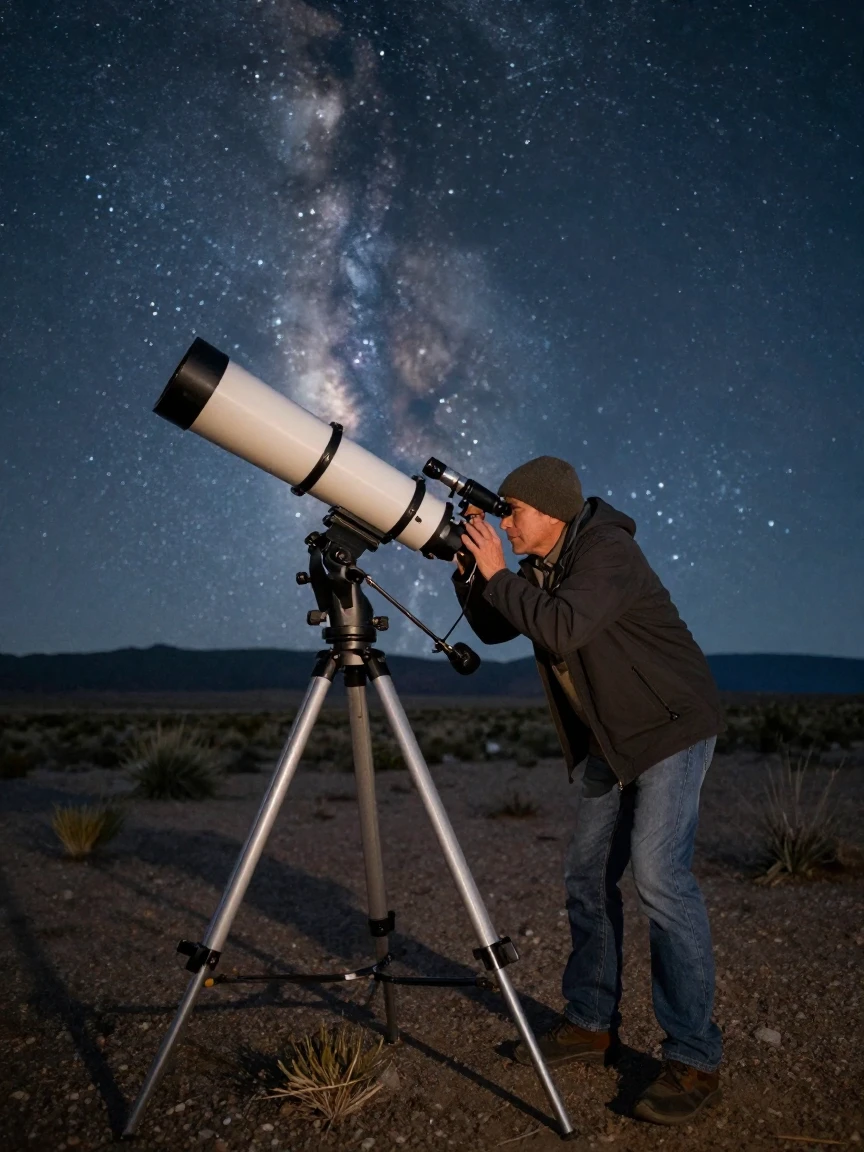 An astronomer observing the night sky through a large telescope