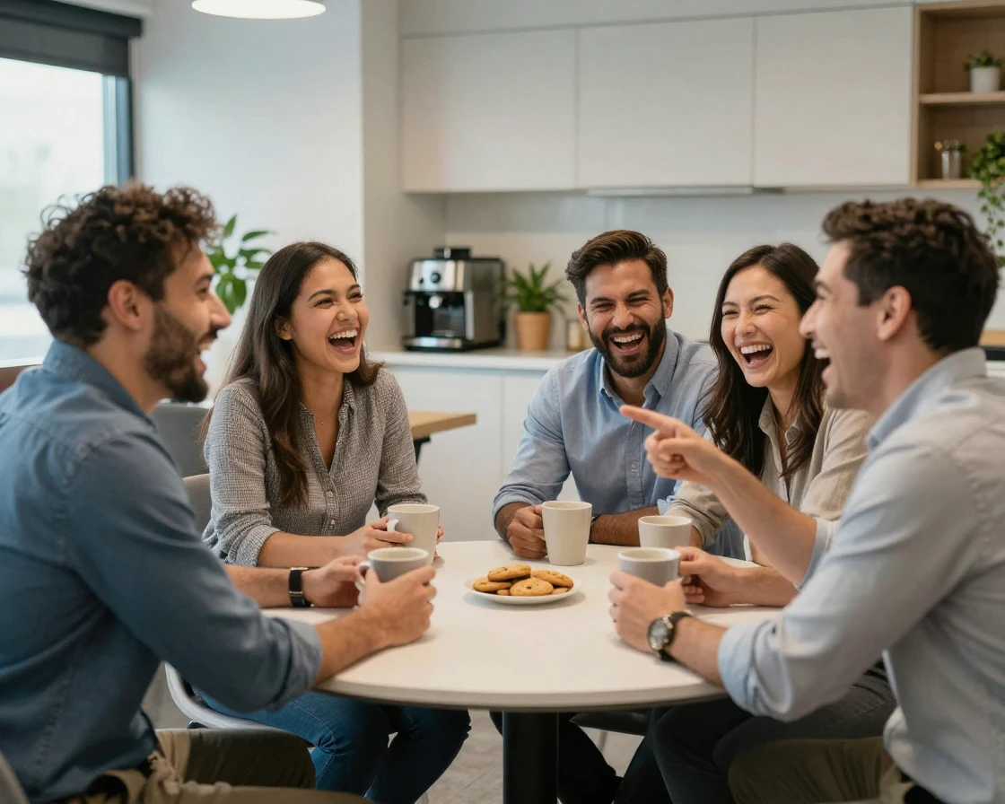 A group of coworkers erupts in laughter at an inside joke during a coffee break.