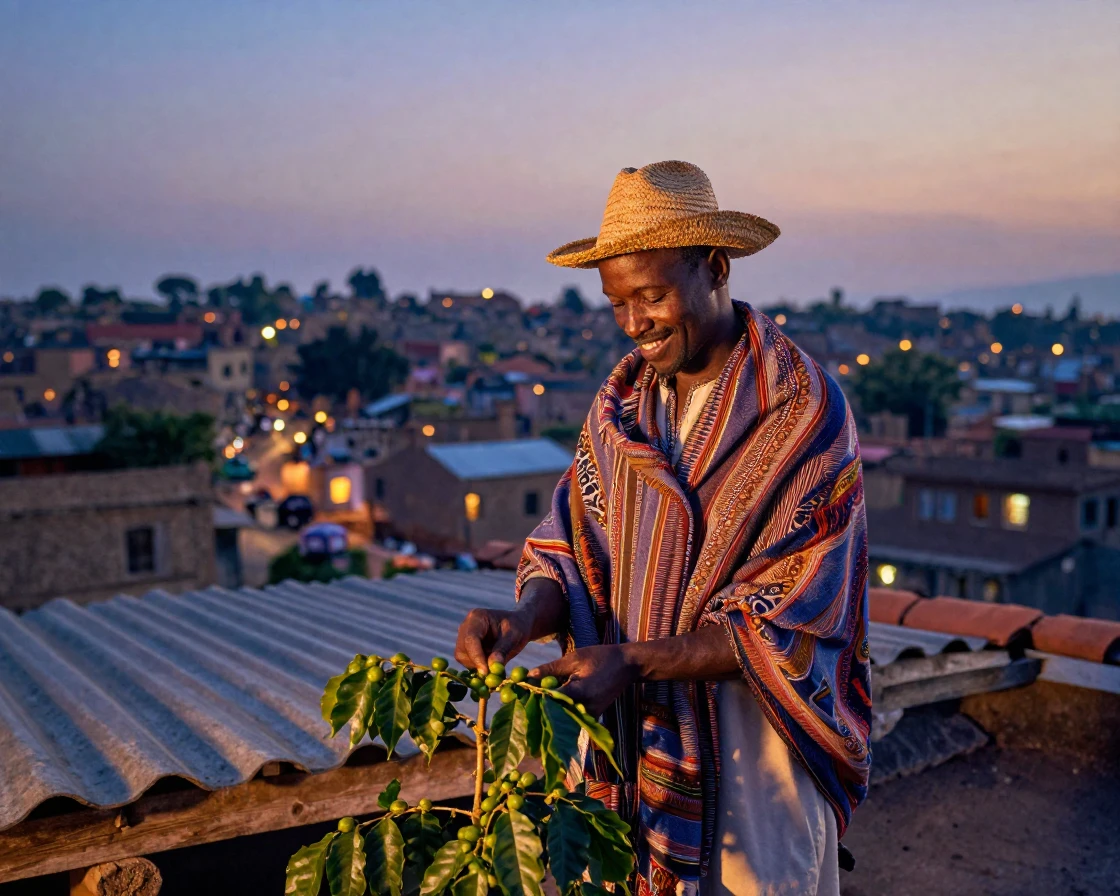 A newly married Ethiopian farmer humming a gentle tune while working on a rooftop overlooking a sleeping city
