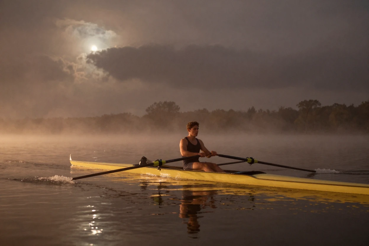 A rower gliding across misty water at dawn, under moonlight, under a darkening storm sky, as summer fades into fall, dominated by warm amber and rust tones, from a three-quarter angle.