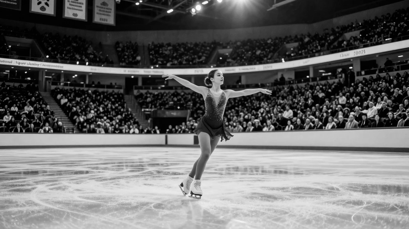 A figure skater spins gracefully across the ice at a packed ice arena.